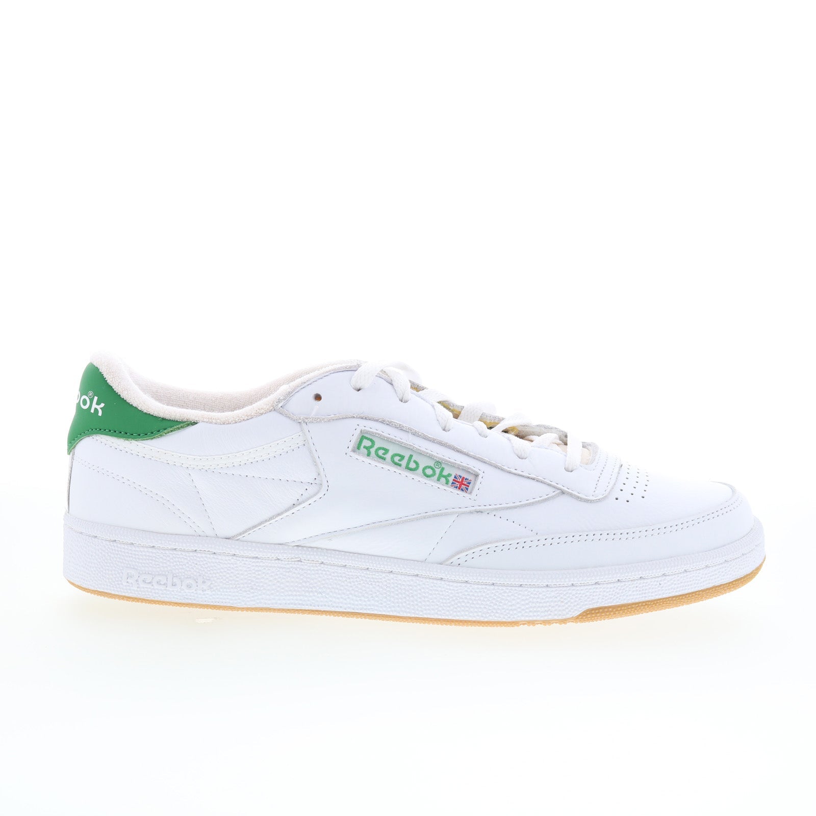 100233954_club_c_85_vintage_white_green_gum_01_e9f58072-a8b7-40a7-b28f-fcfe8546675a Reebok Club C 85 Vintage Mens White Leather Lifestyle Sneakers Shoes - Image 1